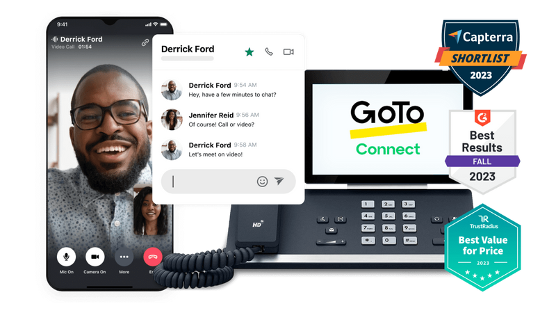 GoTo Connect running on both a smartphone and a business phone with an LCD screen